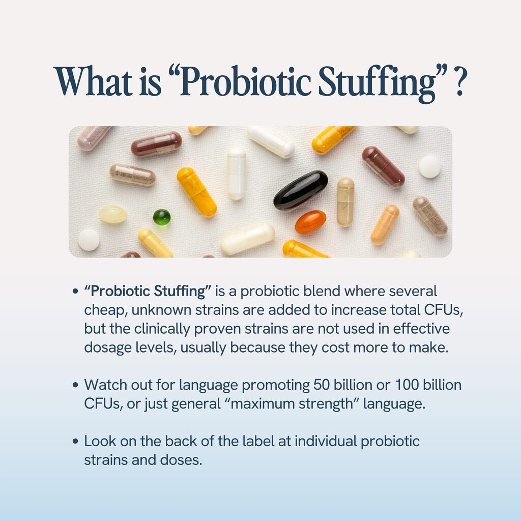 The image explains "Probiotic Stuffing" as adding many cheap strains to probiotics to increase CFUs without using effective doses of clinically proven strains. It warns against products claiming very high CFU counts and advises checking labels for specific strains and doses.