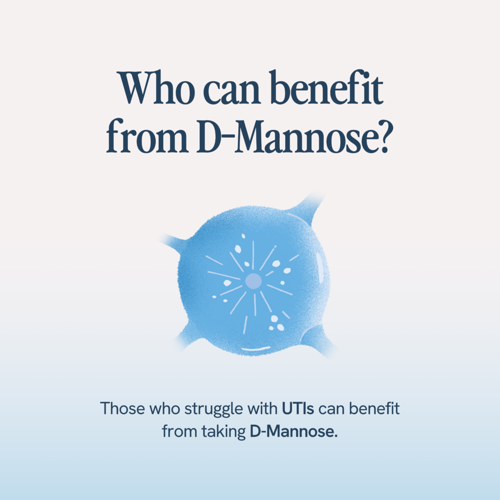 An educational image with a watercolor blot design and the title 'Who can benefit from D-Mannose?' Text below explains that those struggling with UTIs may find relief by taking D-Mannose