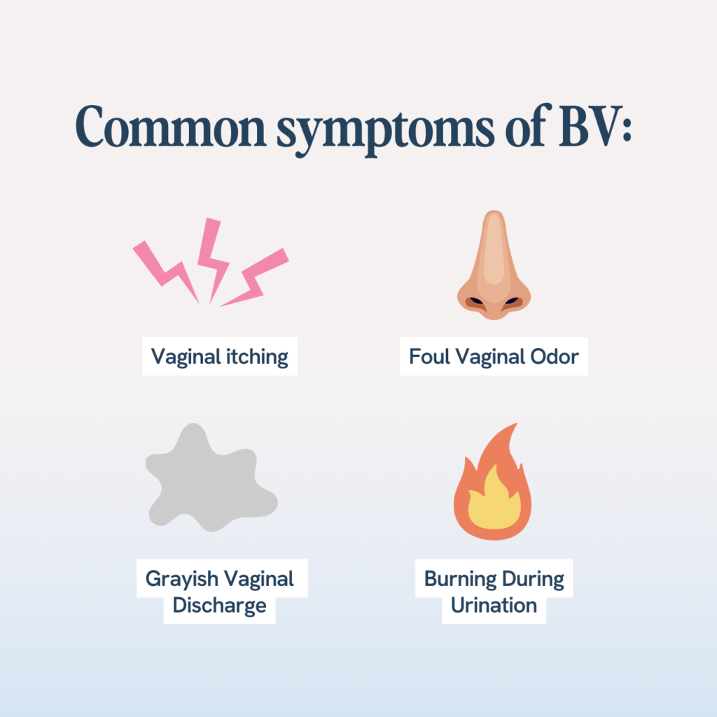 Infographic of common symptoms of BV: Vaginal itching represented by pink zig-zag lines, foul vaginal odor shown with a nose icon, grayish vaginal discharge symbolized by a gray blot, and burning during urination depicted with a flame icon."