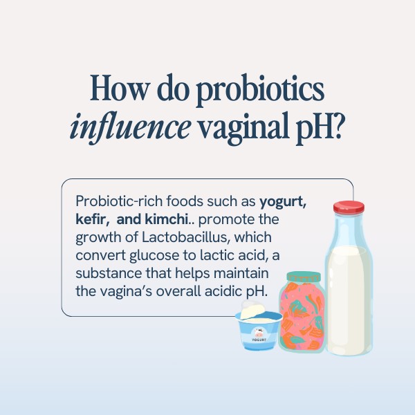 This image is an informative visual that discusses the impact of probiotics on vaginal pH. It highlights probiotic-rich foods like yogurt, kefir, and kimchi as beneficial for promoting the growth of Lactobacillus bacteria. These bacteria are responsible for converting glucose into lactic acid, which is crucial for maintaining the acidic pH level of the vagina. The image likely includes illustrations of the mentioned foods to visually support the text.






