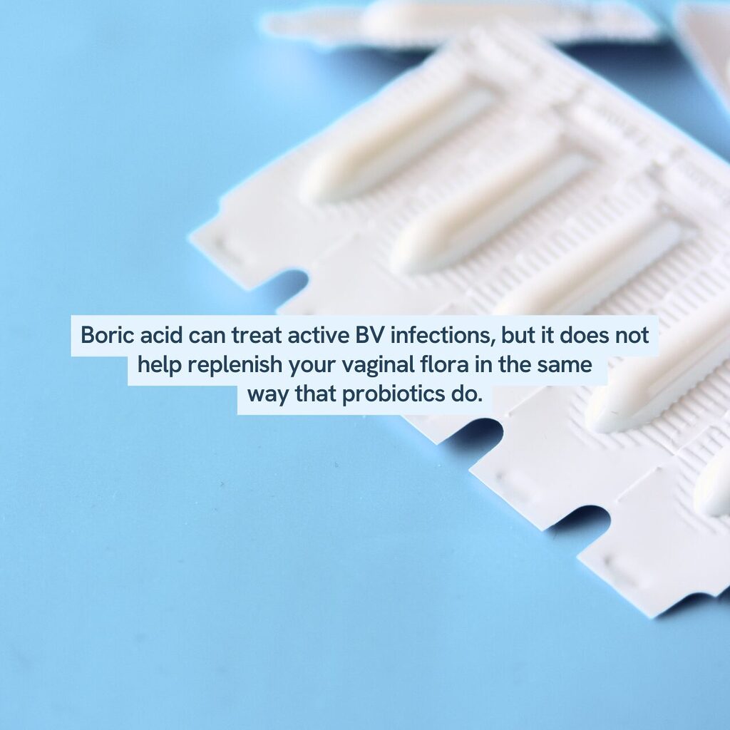 The image shows boric acid suppositories on a blue background with text explaining their use in treating active bacterial vaginosis (BV) infections and noting that they don't replenish vaginal flora like probiotics.







