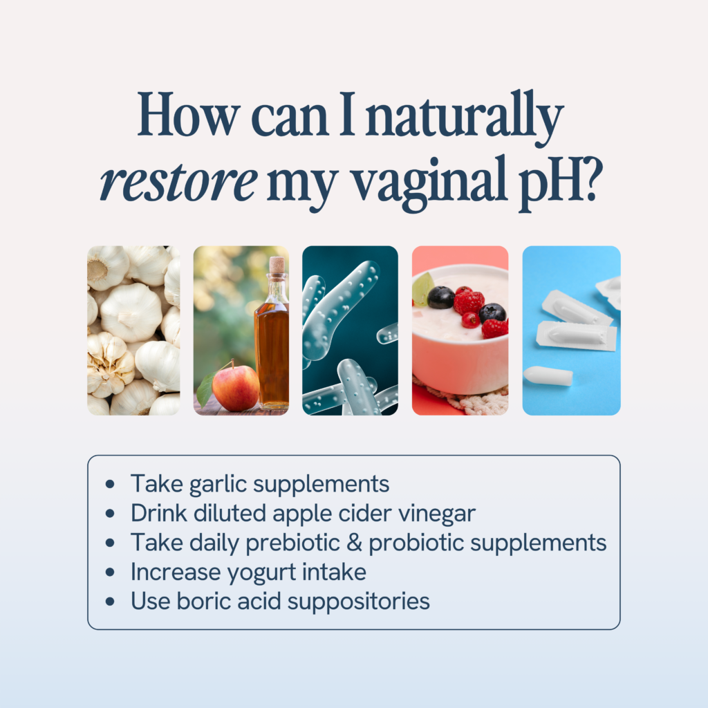 The image lists natural ways to maintain vaginal pH balance: garlic supplements, apple cider vinegar, probiotic supplements, more yogurt, and boric acid suppositories, with corresponding visuals for each.







