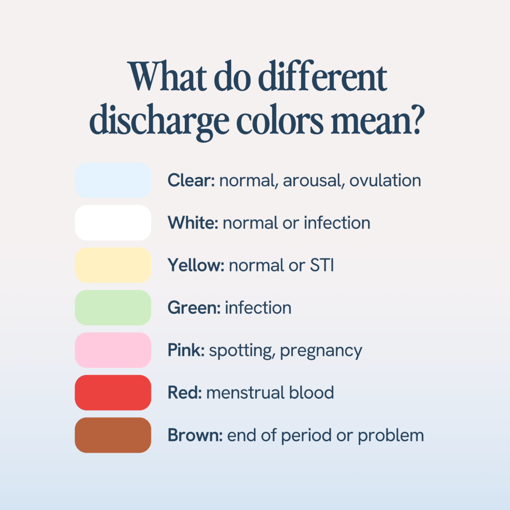 list of vaginal discharge colors and their meanings. Clear indicates normal conditions, arousal, or ovulation. White could mean normal discharge or an infection. Yellow suggests normal discharge or an STI. Green signifies an infection. Pink is associated with spotting or pregnancy. Red indicates menstrual blood, while brown signifies the end of a period or a potential problem.