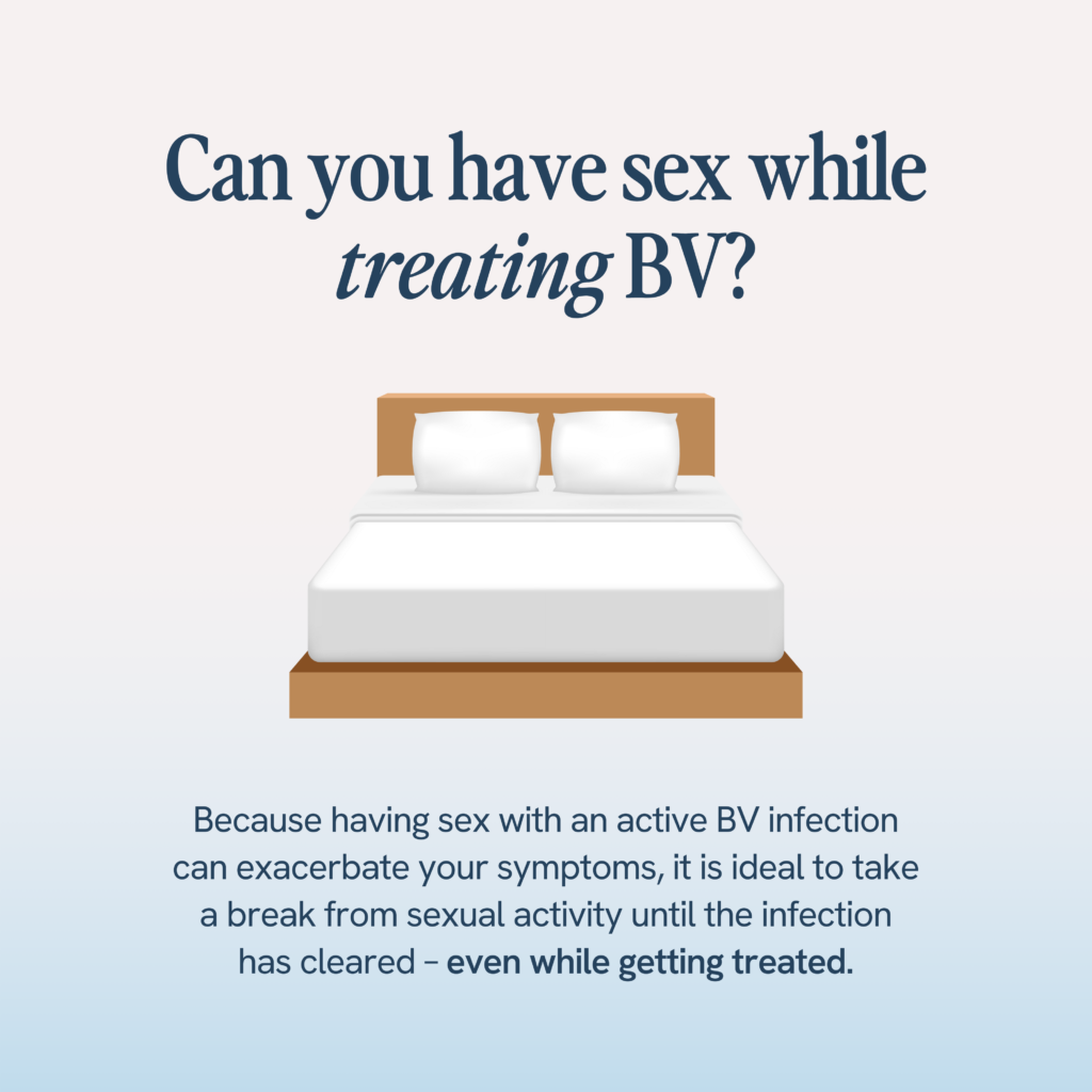 Can you have sex while treating BV?" and suggests that it's best to abstain from sex during active BV infection treatment to prevent symptom exacerbation, depicted with an illustration of a neat, made-up bed.