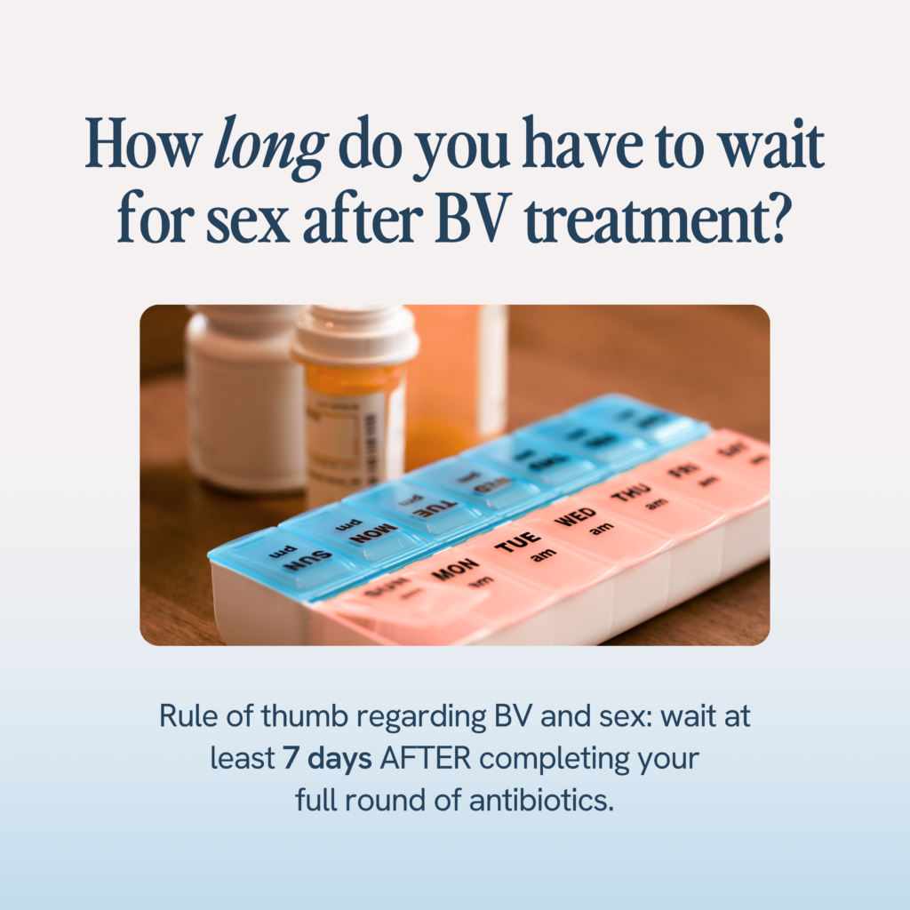 
The image provides advice on sexual activity post-BV treatment, suggesting a waiting period of at least 7 days after completing antibiotics, accompanied by a photo of a weekly pill organizer and prescription bottles