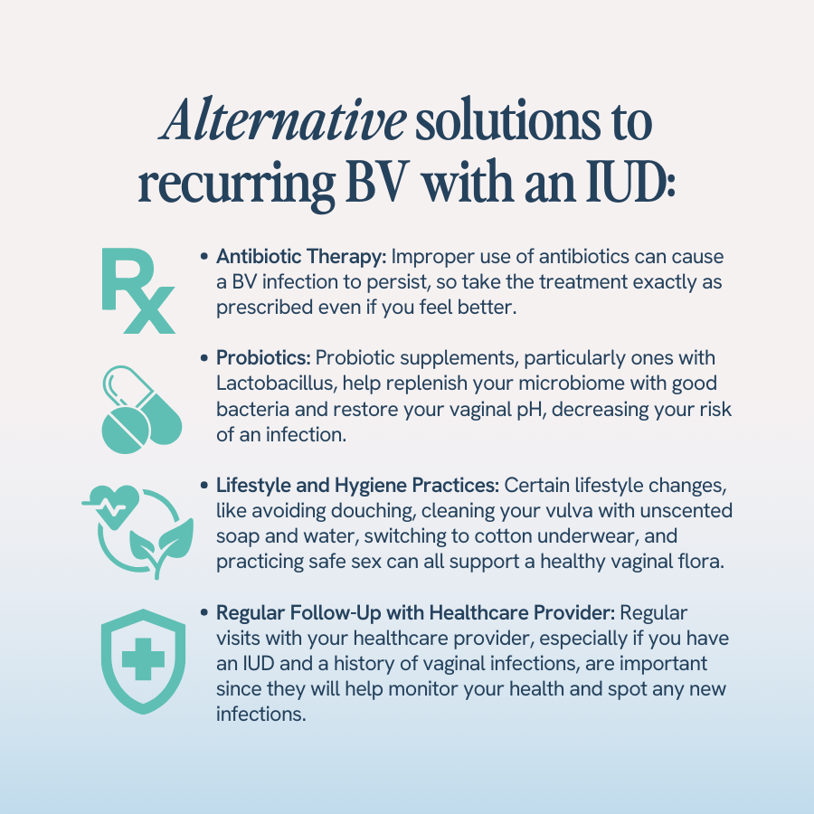 The image provides strategies for managing recurrent bacterial vaginosis (BV) for those with an IUD. It emphasizes correct antibiotic usage, the benefits of probiotics, adopting hygienic practices, and regular medical consultations to monitor health and prevent new infections. Icons such as a prescription sign, probiotics, and a medical shield symbol accompany each point to visually convey the message.