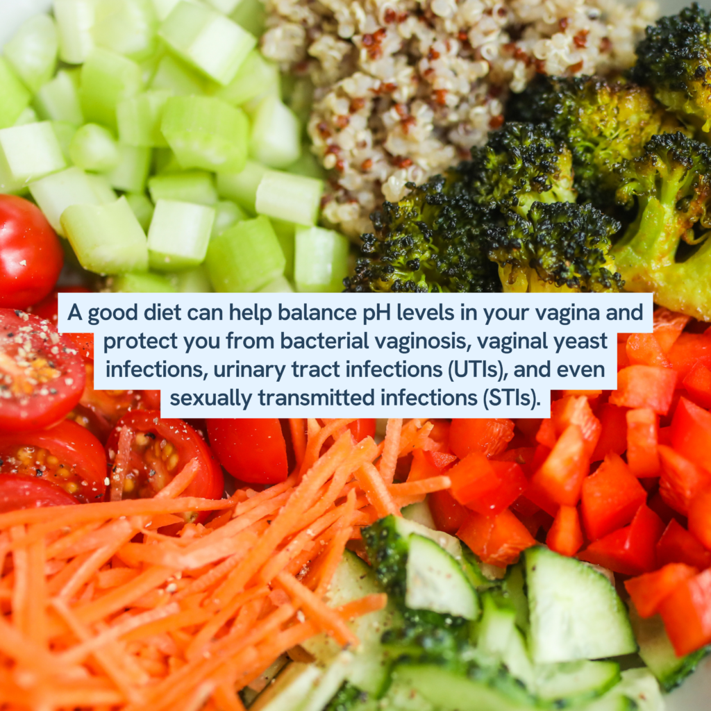 close-up of a colorful, healthy meal composed of diced vegetables. It includes sliced tomatoes, shredded carrots, chopped cucumbers, broccoli, and a grain that appears to be quinoa. Overlaid text promotes the benefits of a nutritious diet for maintaining balanced vaginal pH levels and for protection against bacterial vaginosis, yeast infections, UTIs, and STIs.