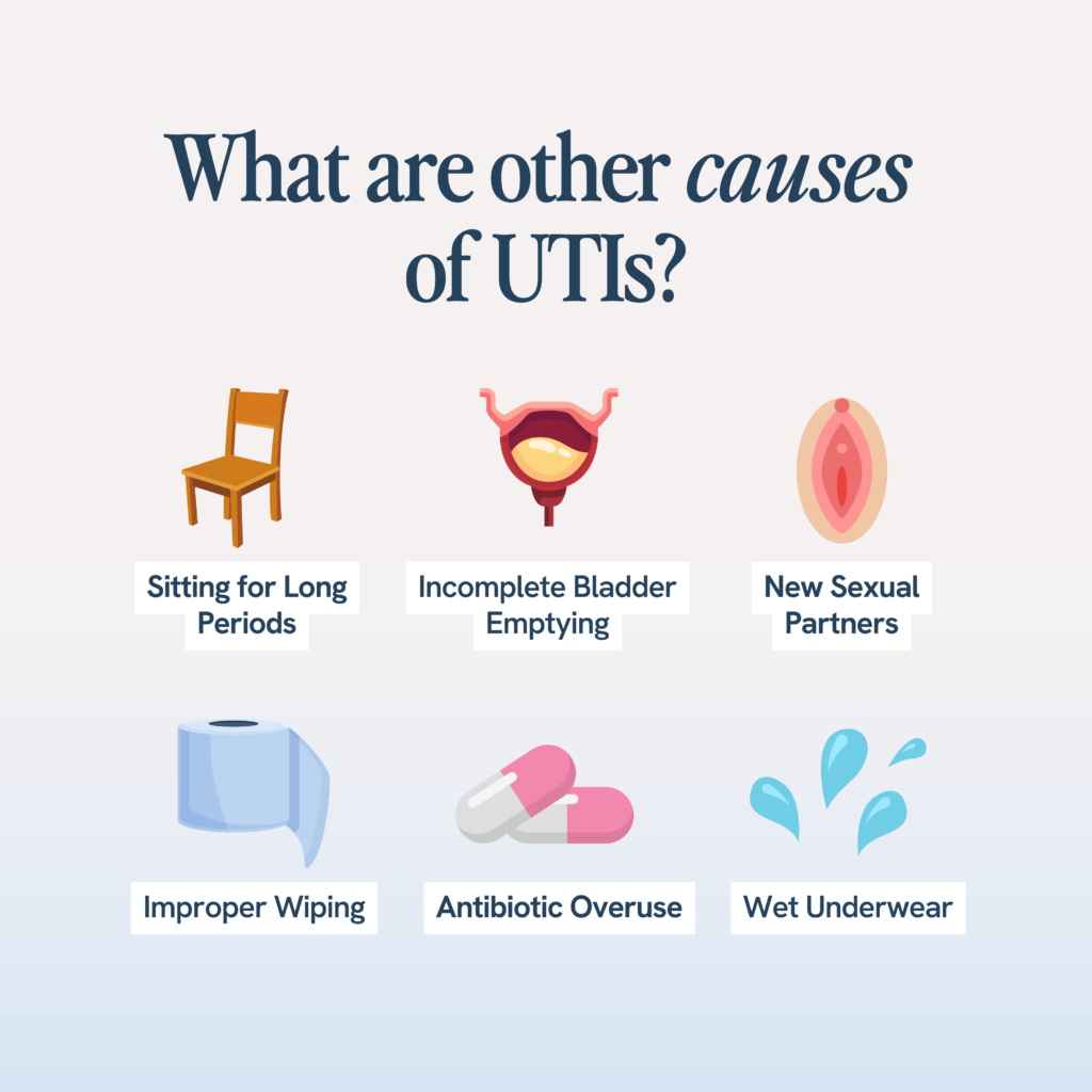 Additional causes of UTIs include prolonged sitting, not fully emptying the bladder, multiple sexual partners, incorrect wiping technique, excessive antibiotic use, and wearing damp underwear.