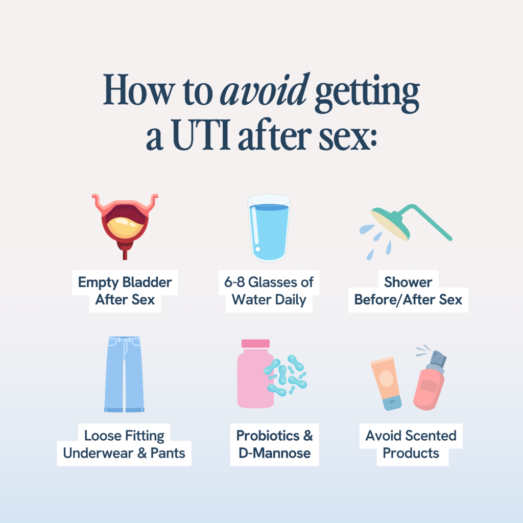 To reduce the risk of a urinary tract infection (UTI) after sexual activity: urinate promptly post-intercourse, stay well-hydrated with 6-8 glasses of water daily, maintain cleanliness with a shower before and/or after sex, wear loose clothing and undergarments, utilize probiotics and D-Mannose supplements, and steer clear of scented personal hygiene products.