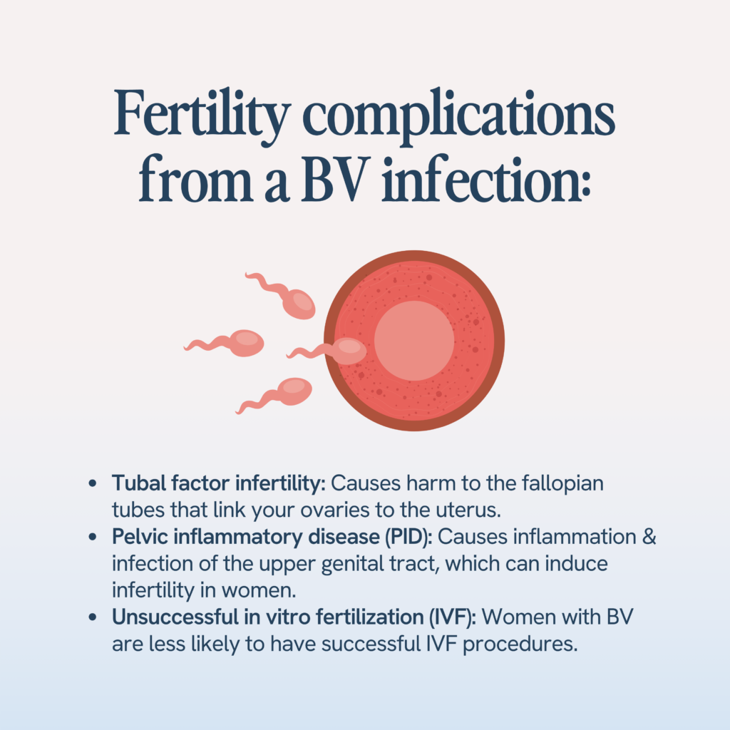 Fertility complications from a BV infection may include tubal factor infertility due to damage to the fallopian tubes, pelvic inflammatory disease causing inflammation of the upper genital tract leading to infertility, and decreased success rates in in vitro fertilization procedures for women with BV.