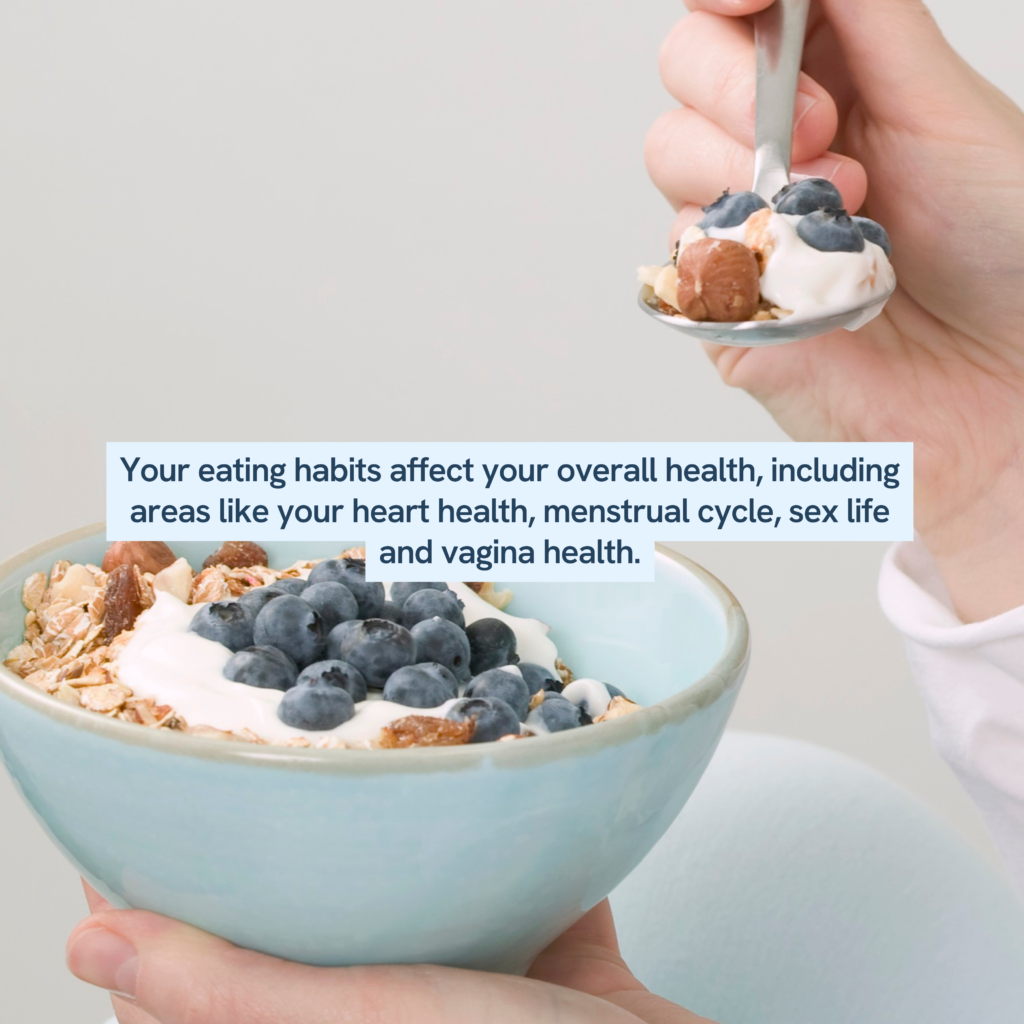 hands holding a bowl of yogurt topped with blueberries, nuts, and what looks like granola. Another hand is holding a spoon, scooping some yogurt with the toppings. The text emphasizes the importance of eating habits on overall health, including heart health, menstrual cycle, sex life, and vaginal health.