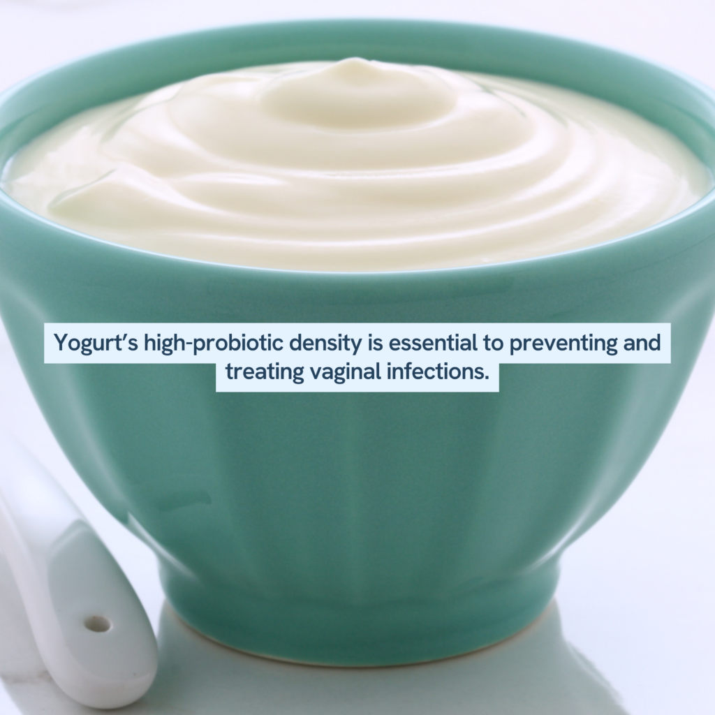 a close-up of a bowl filled with creamy yogurt. The bowl appears to be placed on a white surface, and there's a white spoon with a handle that's likely made of ceramic or plastic. Accompanying text highlights the importance of yogurt's probiotic content for the prevention and treatment of vaginal infections.