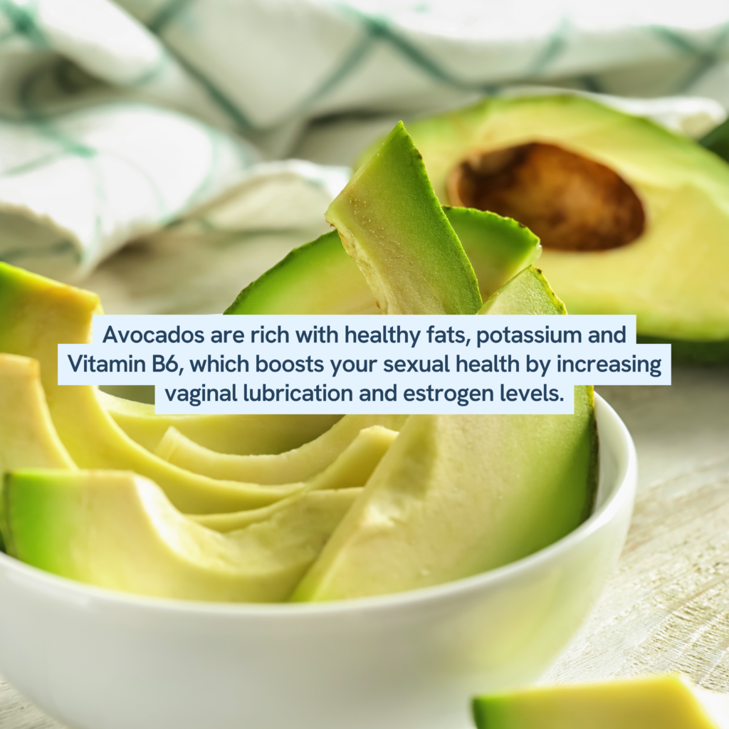 sliced avocados in a bowl, with a focus on their health benefits. The text highlights that avocados contain healthy fats, potassium, and Vitamin B6, which are beneficial for sexual health by promoting vaginal lubrication and healthy estrogen levels.