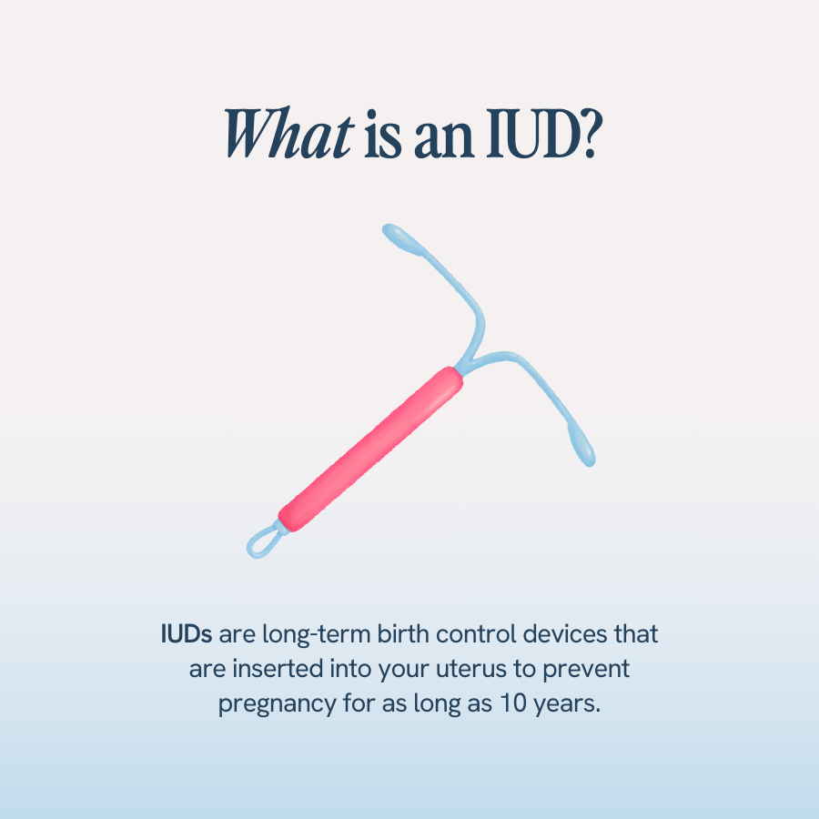 The image features a central illustration of an IUD (Intrauterine Device), which is a T-shaped device colored pink and light blue, representing a long-term birth control method. The text explains that IUDs are inserted into the uterus to prevent pregnancy and can remain effective for up to 10 years.