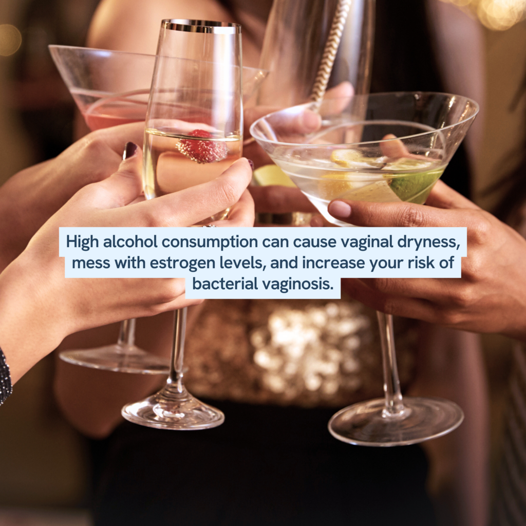 The text warns that high alcohol consumption may lead to vaginal dryness, disrupt estrogen levels, and increase the risk of bacterial vaginosis. This information is likely intended to raise awareness about the effects of alcohol on women's health, specifically regarding reproductive health issues.