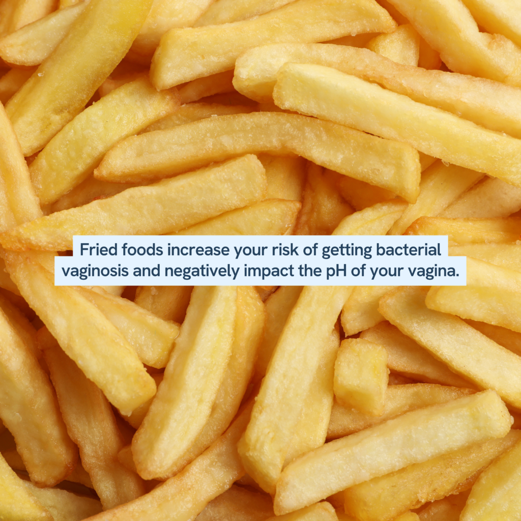 French fries, with a note that fried foods can increase the risk of bacterial vaginosis and have a negative impact on vaginal pH. The text suggests a possible link between dietary choices and vaginal health, highlighting the idea that certain foods may disrupt the natural balance of the vaginal environment.