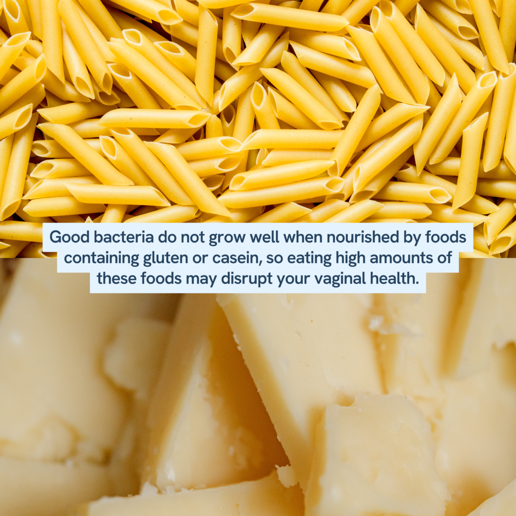 pasta and cheese, and the accompanying text suggests that foods containing gluten or casein may not support the growth of beneficial bacteria. It implies that consuming large quantities of these foods could negatively affect vaginal health. This information could be useful for someone considering dietary choices in relation to their overall well-being, including vaginal health.