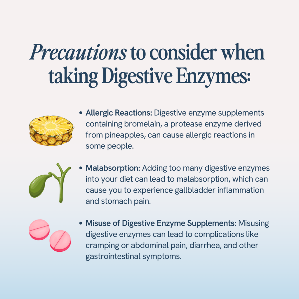 Allergic Reactions: Notes that digestive enzyme supplements containing bromelain, derived from pineapples, may cause allergic reactions in some individuals.
Malabsorption: Warns that excessive use of digestive enzymes can lead to malabsorption issues, potentially causing gallbladder inflammation and stomach pain.
Misuse of Digestive Enzyme Supplements: Highlights that incorrect usage of these supplements can lead to complications such as cramping, abdominal pain, diarrhea, and other gastrointestinal symptoms.