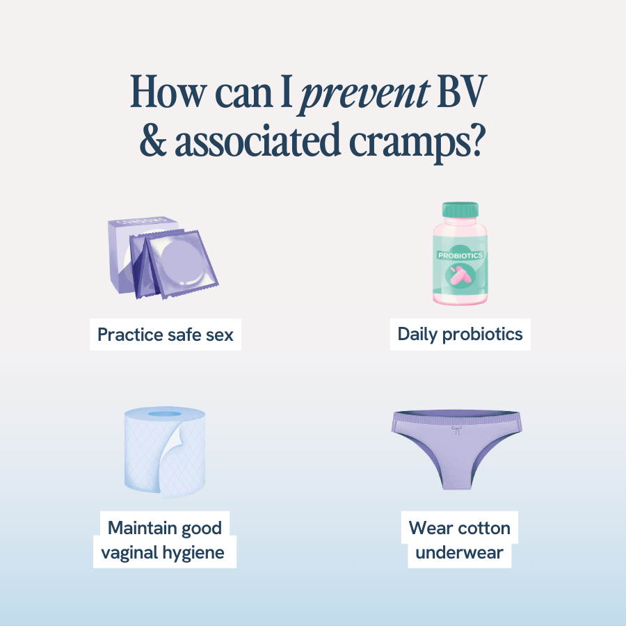 "How can I prevent BV and associated cramps?"

Image shows four prevention methods:

Practice safe sex (illustrated by a pack of condoms).
Daily probiotics (illustrated by a bottle of probiotics).
Maintain good vaginal hygiene (illustrated by a roll of toilet paper).
Wear cotton underwear (illustrated by a pair of cotton underwear).