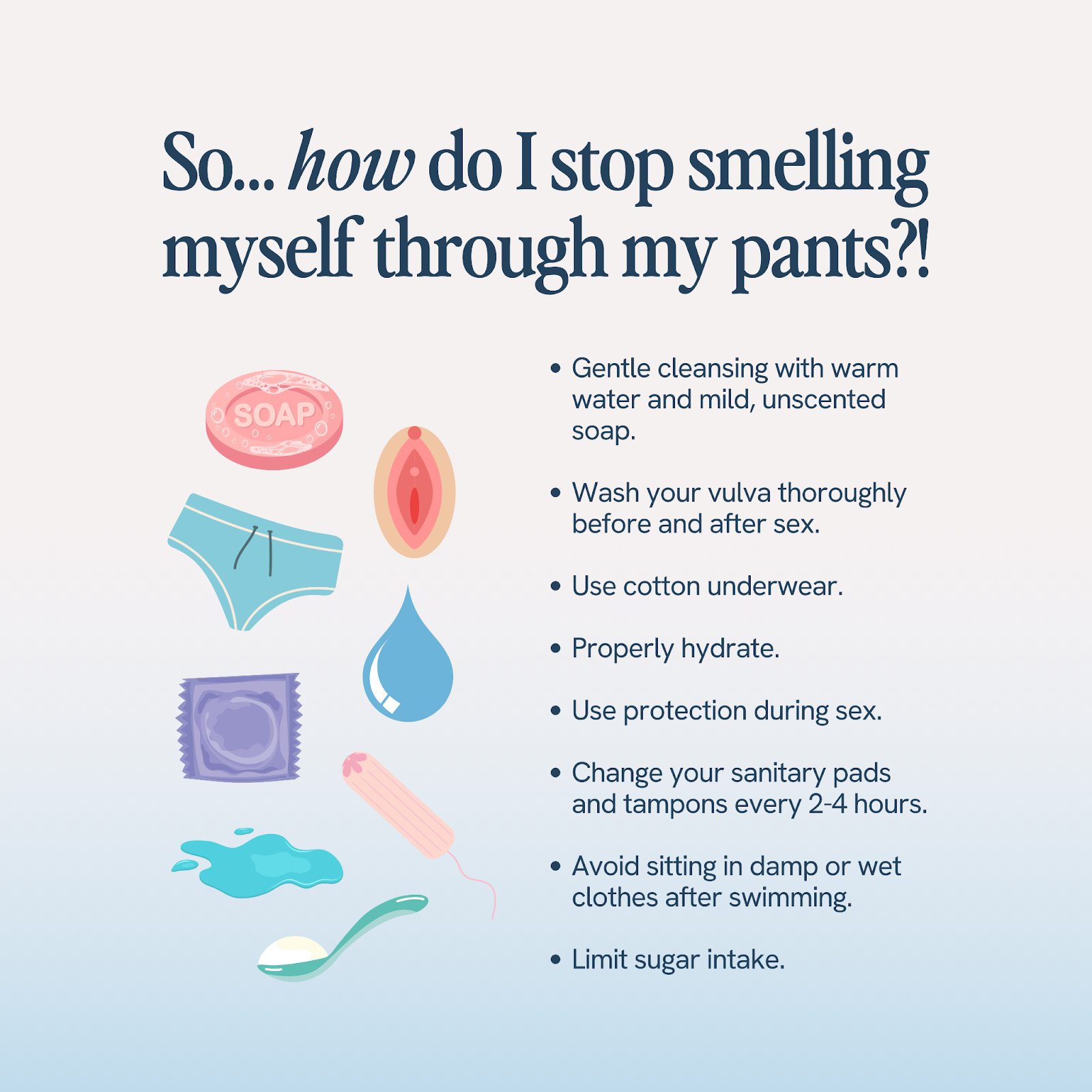 A quick guide on reducing vaginal odor: Use unscented soap, wear cotton underwear, stay hydrated, use protection, change sanitary products regularly, avoid damp clothes, and limit sugar. Illustrated with hygiene-related icons