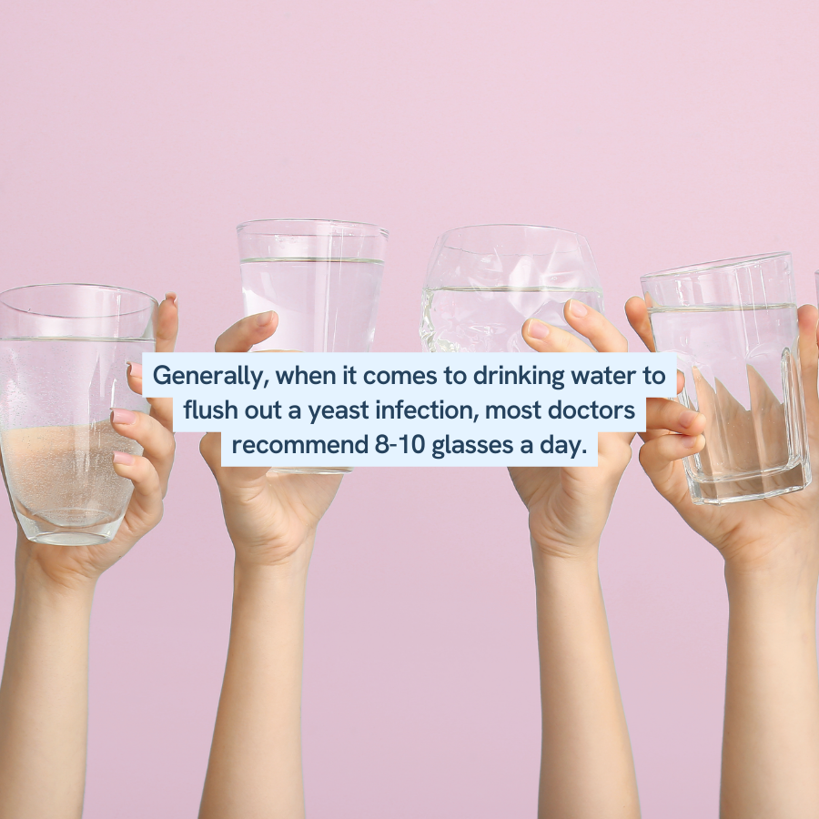 An image shows four hands holding glasses of water against a pink background. The text explains that generally, when it comes to drinking water to flush out a yeast infection, most doctors recommend 8-10 glasses a day.