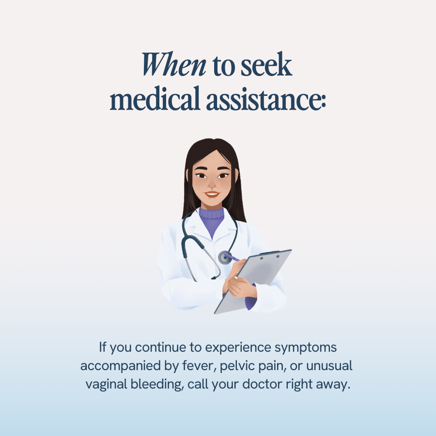 An image with the title ‘When to seek medical assistance’ shows an illustration of a doctor holding a clipboard. It advises that if you continue to experience symptoms accompanied by fever, pelvic pain, or unusual vaginal bleeding, you should call your doctor right away.