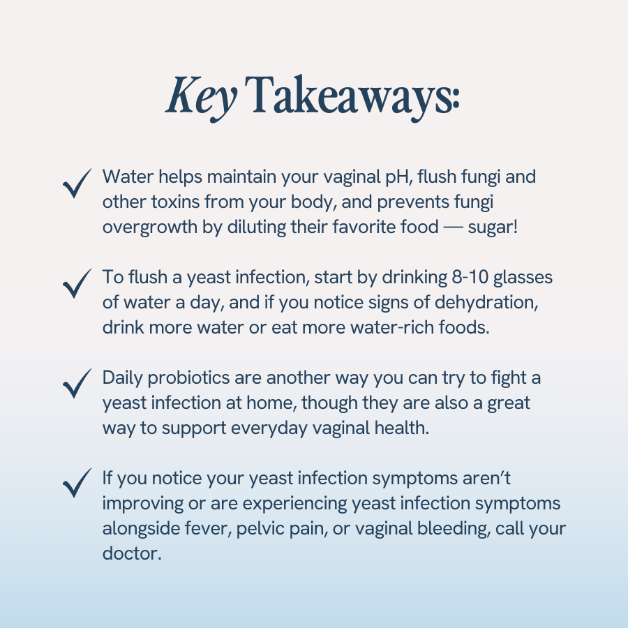 An image with the title ‘Key Takeaways’ provides important points about managing yeast infections: Water helps maintain vaginal pH, flush fungi and other toxins, and prevent fungi overgrowth by diluting their food source—sugar. To flush a yeast infection, drink 8-10 glasses of water a day, and increase water intake if signs of dehydration occur. Daily probiotics can help fight yeast infections and support vaginal health. If yeast infection symptoms don’t improve or are accompanied by fever, pelvic pain, or vaginal bleeding, consult your doctor.