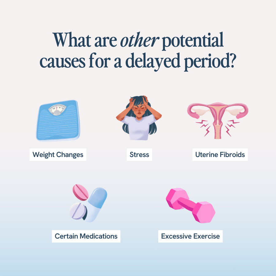 An image with the title ‘What are other potential causes for a delayed period?’ shows illustrations representing various factors. It lists weight changes, stress, uterine fibroids, certain medications, and excessive exercise as potential causes for a delayed period.