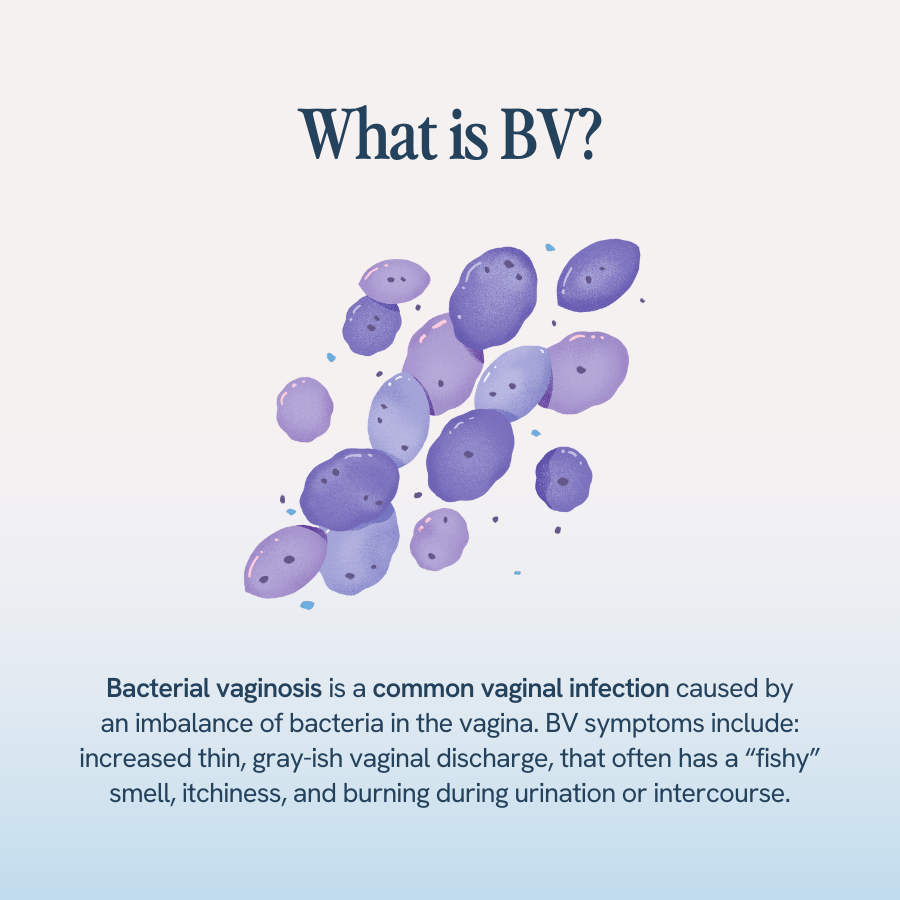 An image with the title ‘What is BV?’ shows an illustration of bacteria and explains that bacterial vaginosis (BV) is a common vaginal infection caused by an imbalance of bacteria in the vagina. Symptoms include increased thin, gray-ish vaginal discharge with a ‘fishy’ smell, itchiness, and burning during urination or intercourse