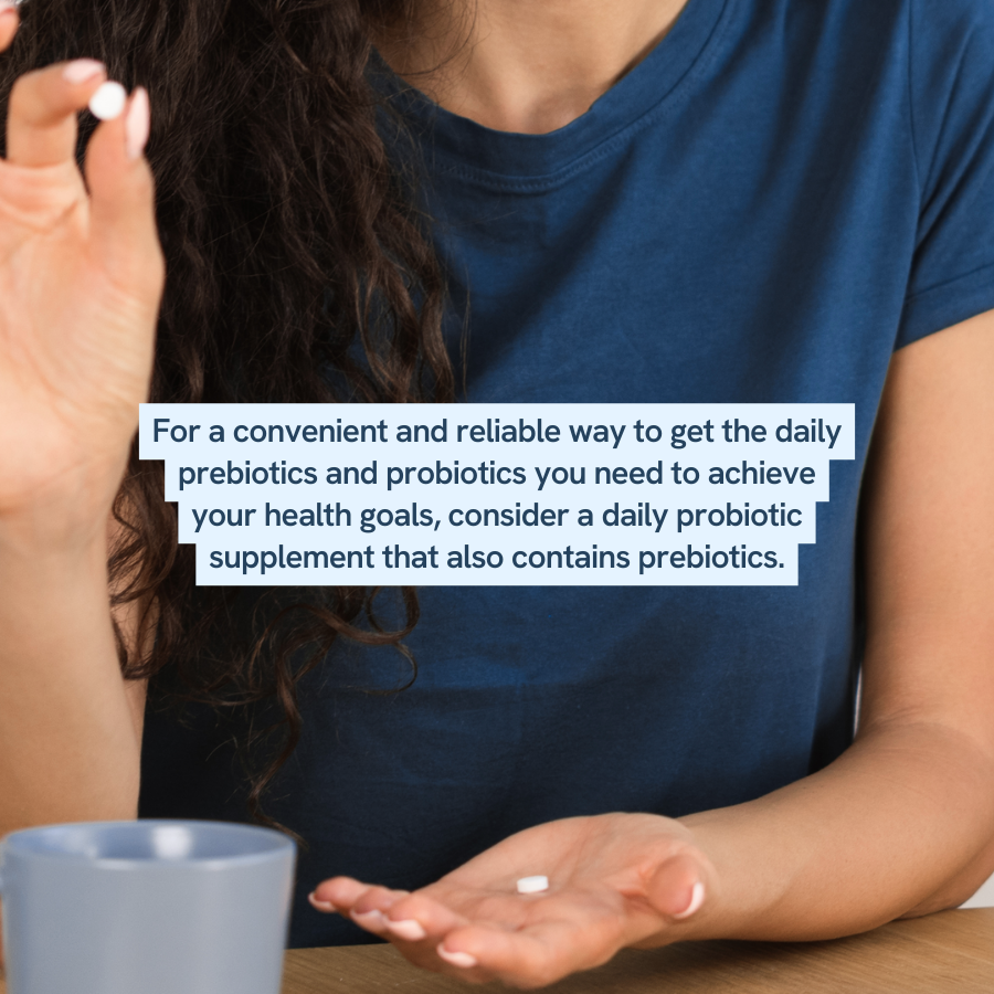 An image shows a person holding a pill with text explaining that for a convenient and reliable way to get the daily prebiotics and probiotics needed to achieve health goals, consider a daily probiotic supplement that also contains prebiotics