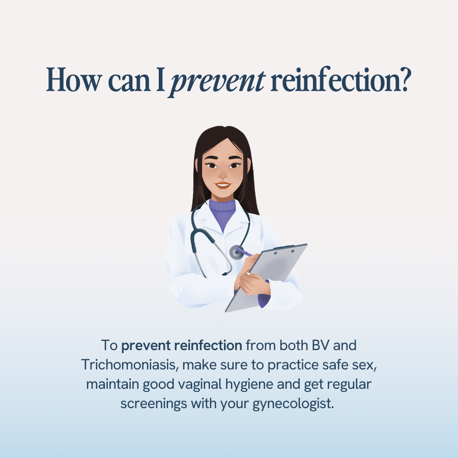 The image features an illustration of an Asian woman dressed as a healthcare professional, with dark hair tied back, wearing a white lab coat with a stethoscope around her neck. She is holding a clipboard. The text in the image reads: “How can I prevent reinfection?” and provides advice for preventing reinfection from bacterial vaginosis (BV) and trichomoniasis, suggesting practicing safe sex, maintaining good vaginal hygiene, and getting regular screenings with a gynecologist.
