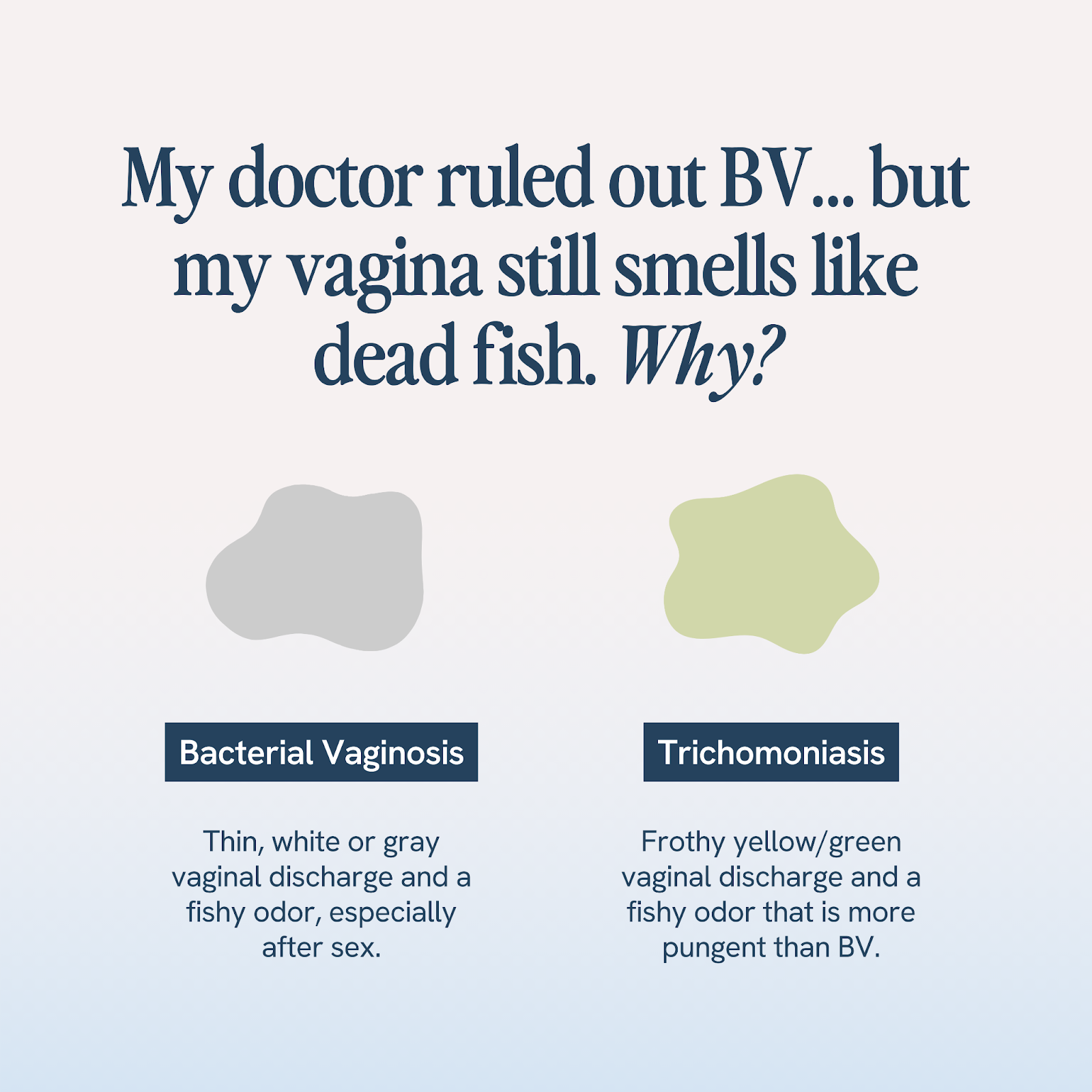 Health graphic titled 'My doctor ruled out BV... but my vagina still smells like dead fish. Why?' with two contrasting colored blobs highlighting 'Bacterial Vaginosis' with symptoms of thin, white or gray discharge and fishy odor, and 'Trichomoniasis' with symptoms of frothy yellow/green discharge with a stronger fishy odor