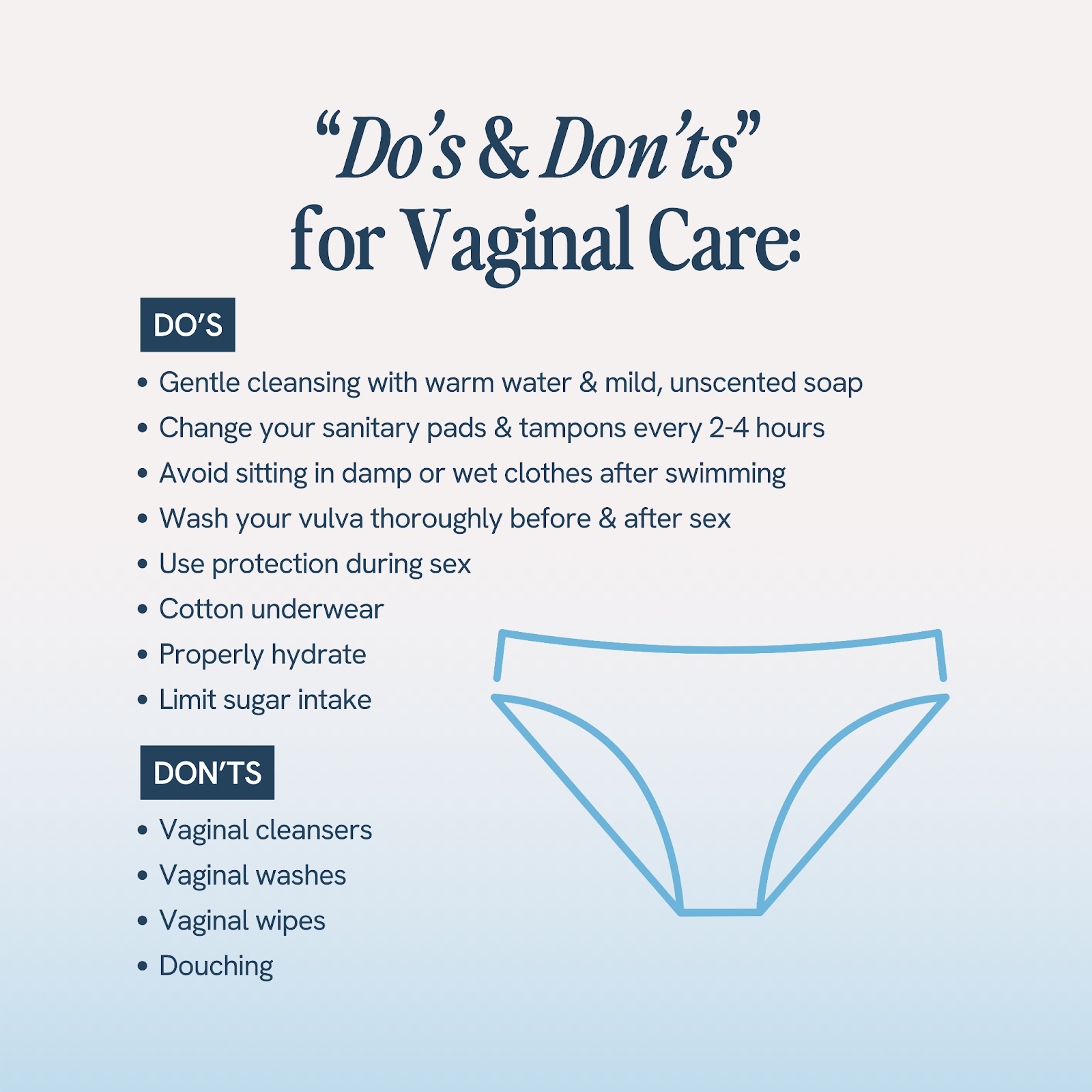 Health guide for vaginal care listing 'Do’s' like gentle cleansing and wearing cotton underwear, and 'Don’ts' advising against vaginal cleansers and douching, alongside an underwear graphic