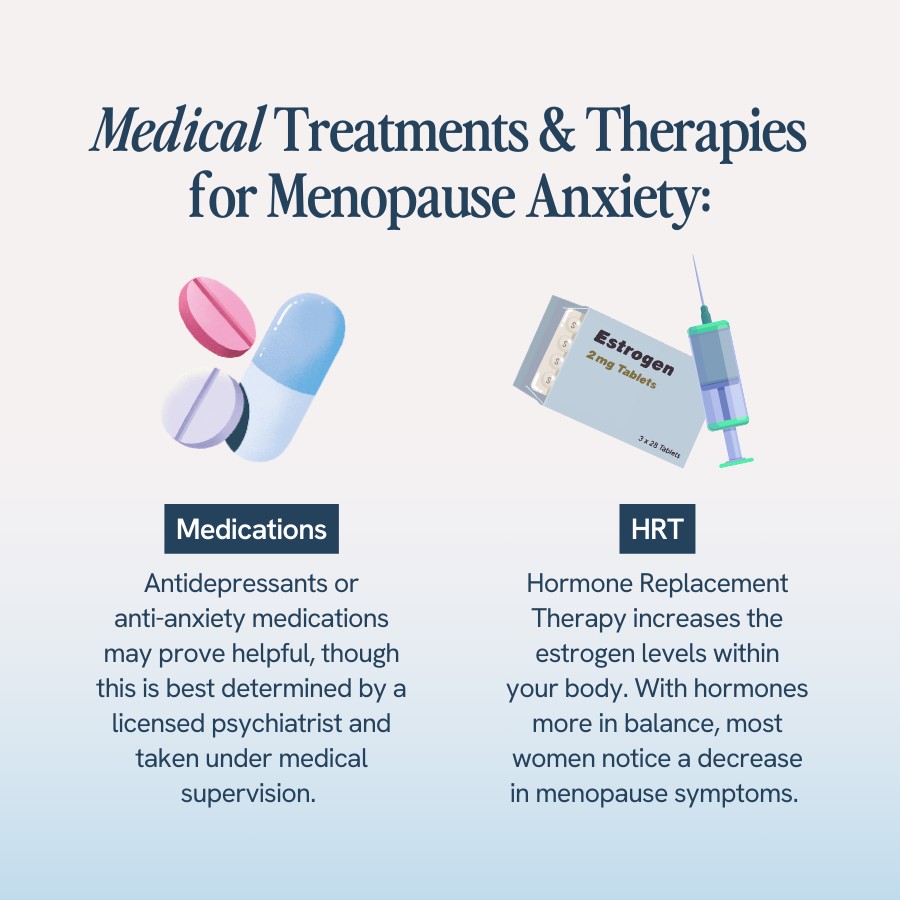 “Text discussing medical treatments and therapies for menopause anxiety, including medications like antidepressants or anti-anxiety medications, and hormone replacement therapy (HRT) to increase estrogen levels and reduce menopause symptoms. Illustrations include pills, an estrogen tablet package, and a syringe.”