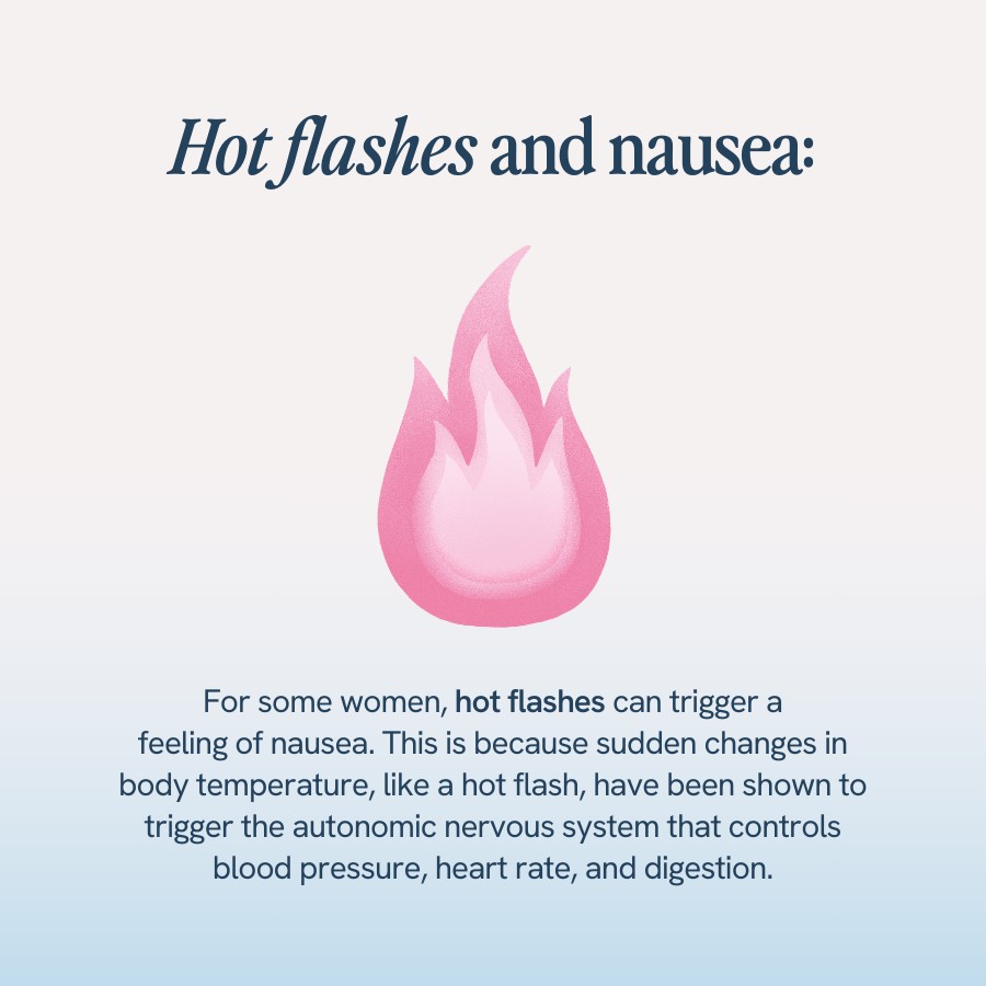 ext explaining that hot flashes can trigger nausea due to sudden changes in body temperature affecting the autonomic nervous system. Includes an illustration of a pink flame