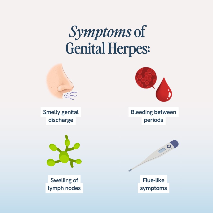 “Text listing symptoms of genital herpes, including smelly genital discharge, bleeding between periods, swelling of lymph nodes, and flu-like symptoms. Illustrations include a nose, blood drops, lymph nodes, and a thermometer.”