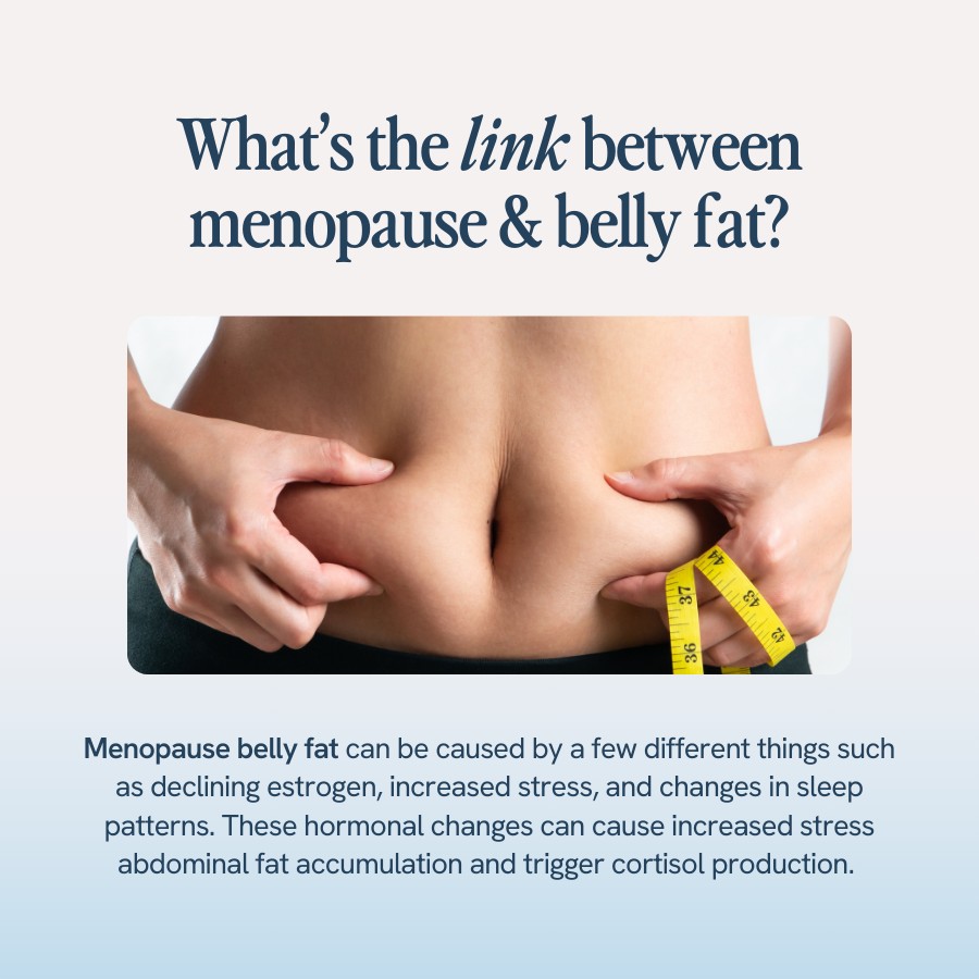 “Text explaining that menopause belly fat can be caused by declining estrogen, increased stress, and changes in sleep patterns, leading to abdominal fat accumulation and increased cortisol production. Image shows a person pinching their belly fat while holding a measuring tape.”