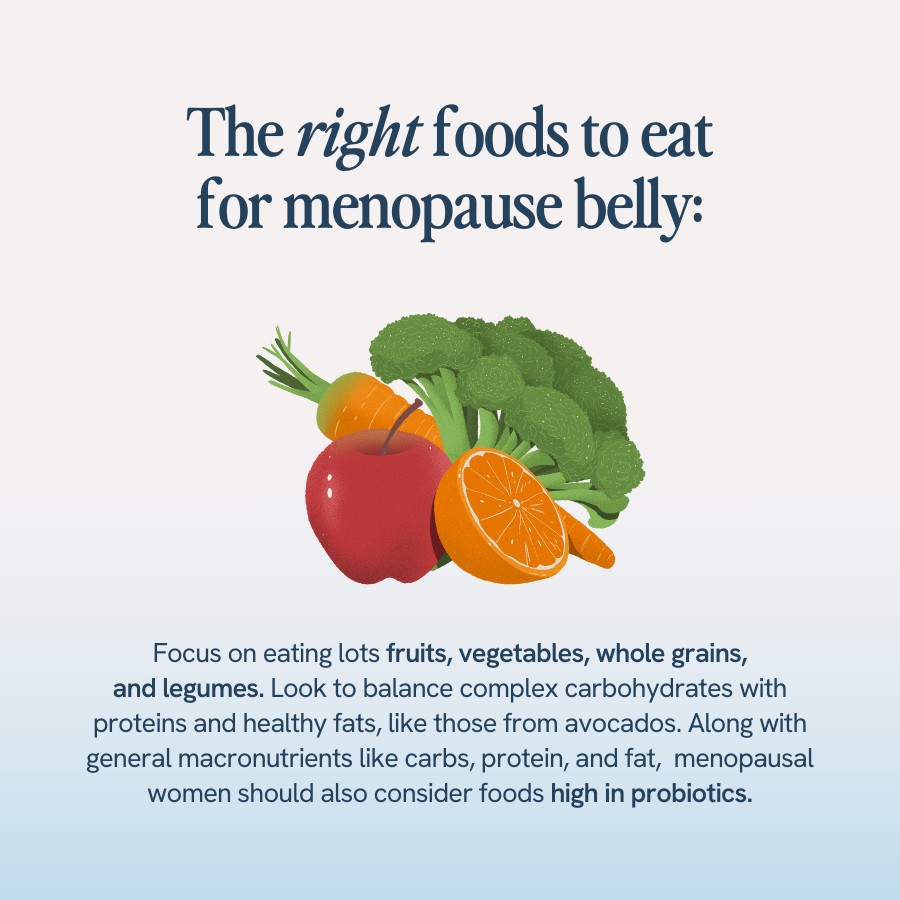“Text advising to eat fruits, vegetables, whole grains, and legumes to manage menopause belly fat. It recommends balancing complex carbohydrates with proteins and healthy fats, and considering foods high in probiotics. Illustration includes various fruits and vegetables.”