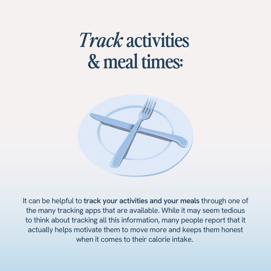 “Text suggesting tracking activities and meals using apps to stay motivated and honest about calorie intake. Illustration includes a plate with a fork and knife arranged in an ‘X’ shape.”