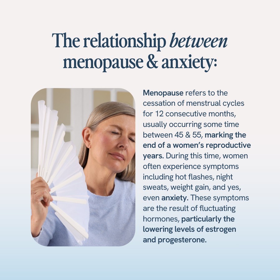 “Text discussing the relationship between menopause and anxiety, explaining that menopause marks the end of a woman’s reproductive years and can cause symptoms such as hot flashes, night sweats, weight gain, and anxiety due to fluctuating hormones, especially lowered estrogen and progesterone levels. Image shows a woman fanning herself.”